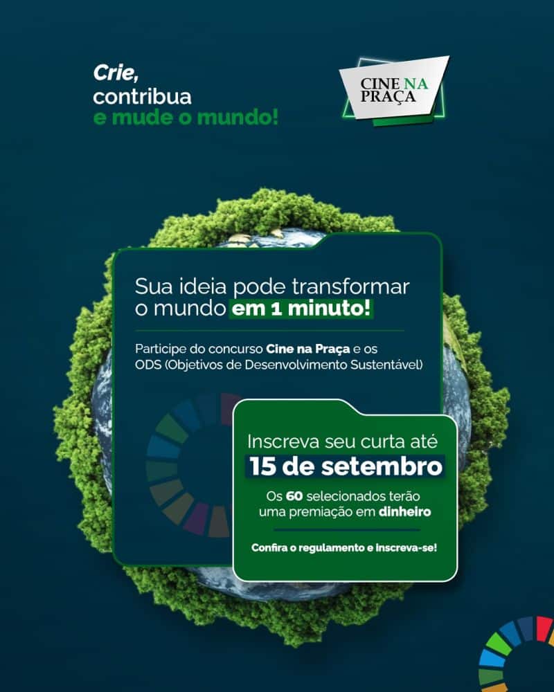 Após o sucesso do projeto ‘Cine na Praça’, uma iniciativa que leva sessões gratuitas para a população, a curadoria do evento lança o Concurso Cine na Praça e os ODS, que selecionará apenas 60 curtas de 1 minuto que abordem a temática dos Objetivos de Desenvolvimento Sustentável (ODS). 
